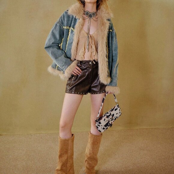 Blue Casual Women's Faux Fur Trim Raw Hem Denim Jacket - Picture 6 of 7